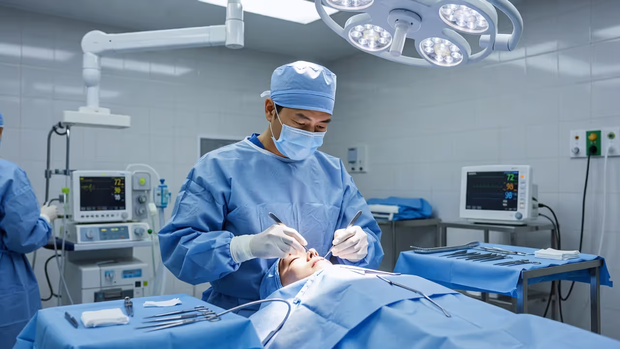 Surgeon performing rhinoplasty procedure in operating room