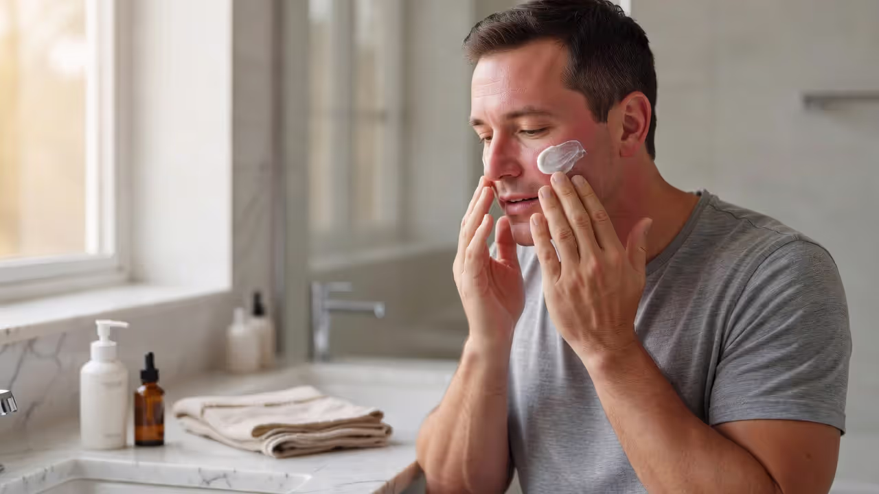 Man applying post-microneedling aftercare skincare product