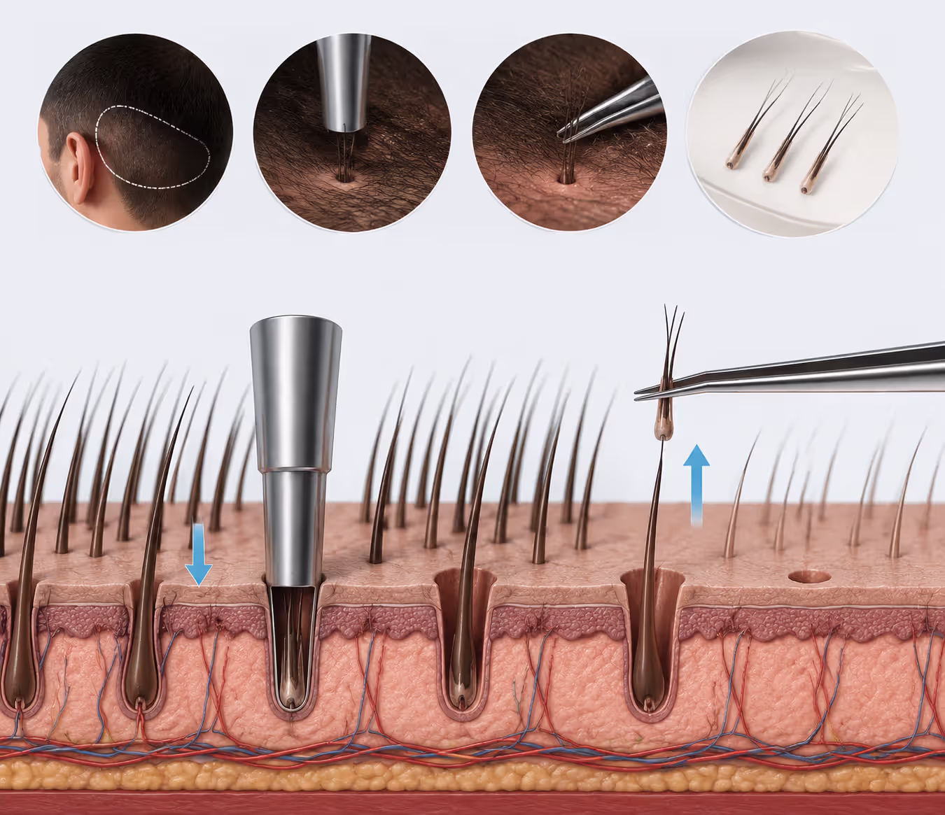 Cross-section of scalp showing follicular unit extraction during hair graft procedure