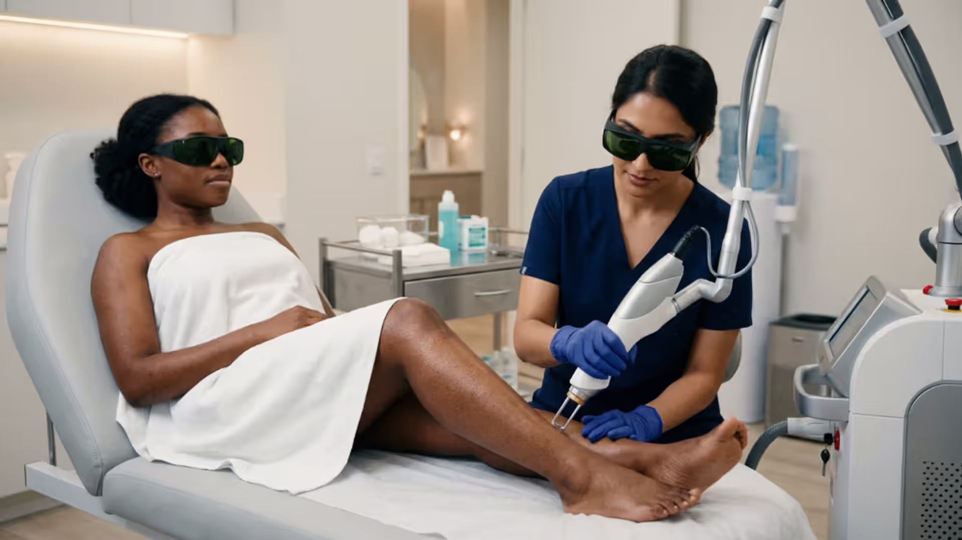 Laser hair removal treatment being performed safely on dark skin in a professional clinic