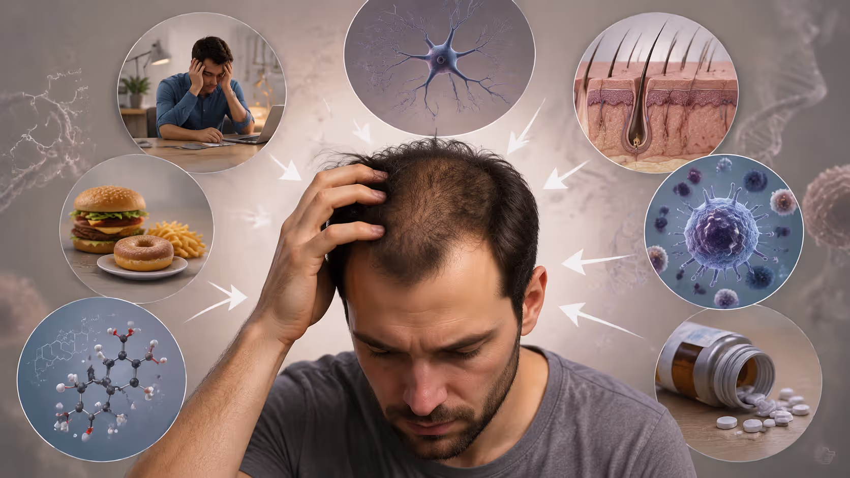Conceptual illustration of multiple causes contributing to hair loss including stress and immune factors