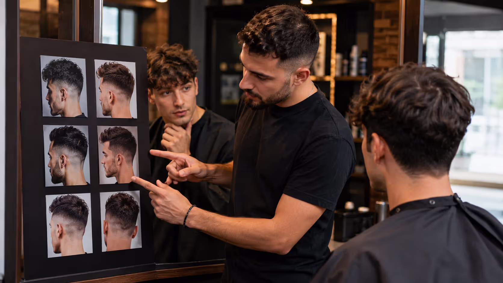 Barber and client discussing fade haircut style before the cut