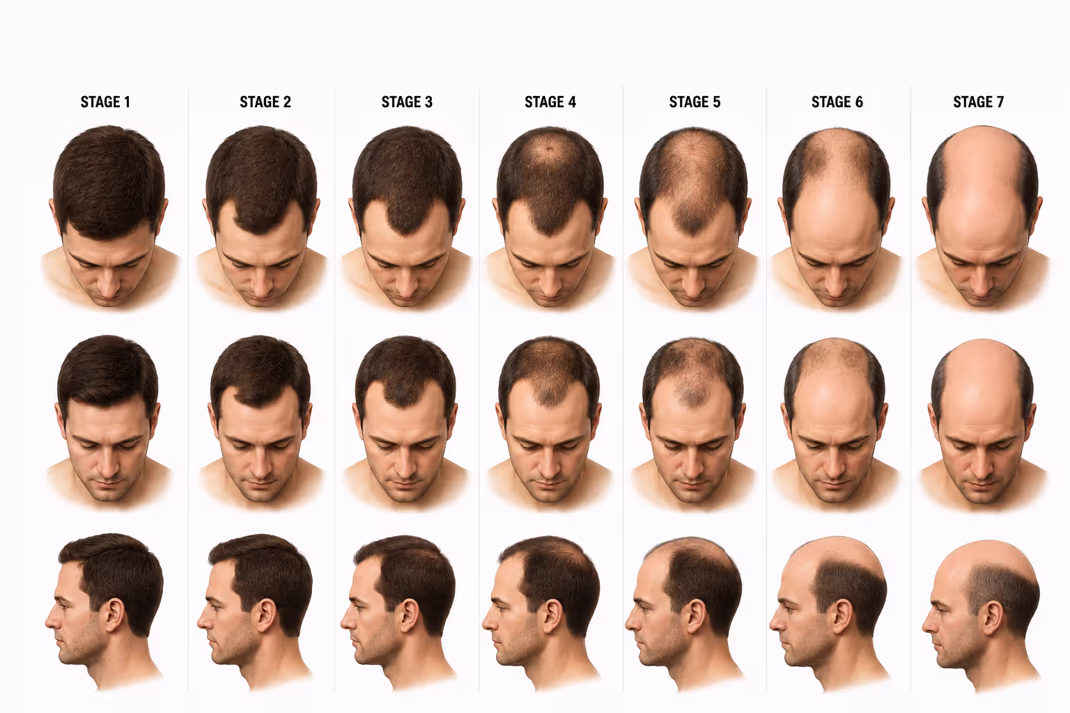 Illustration of male pattern baldness stages showing progression of hair loss from temples and crown