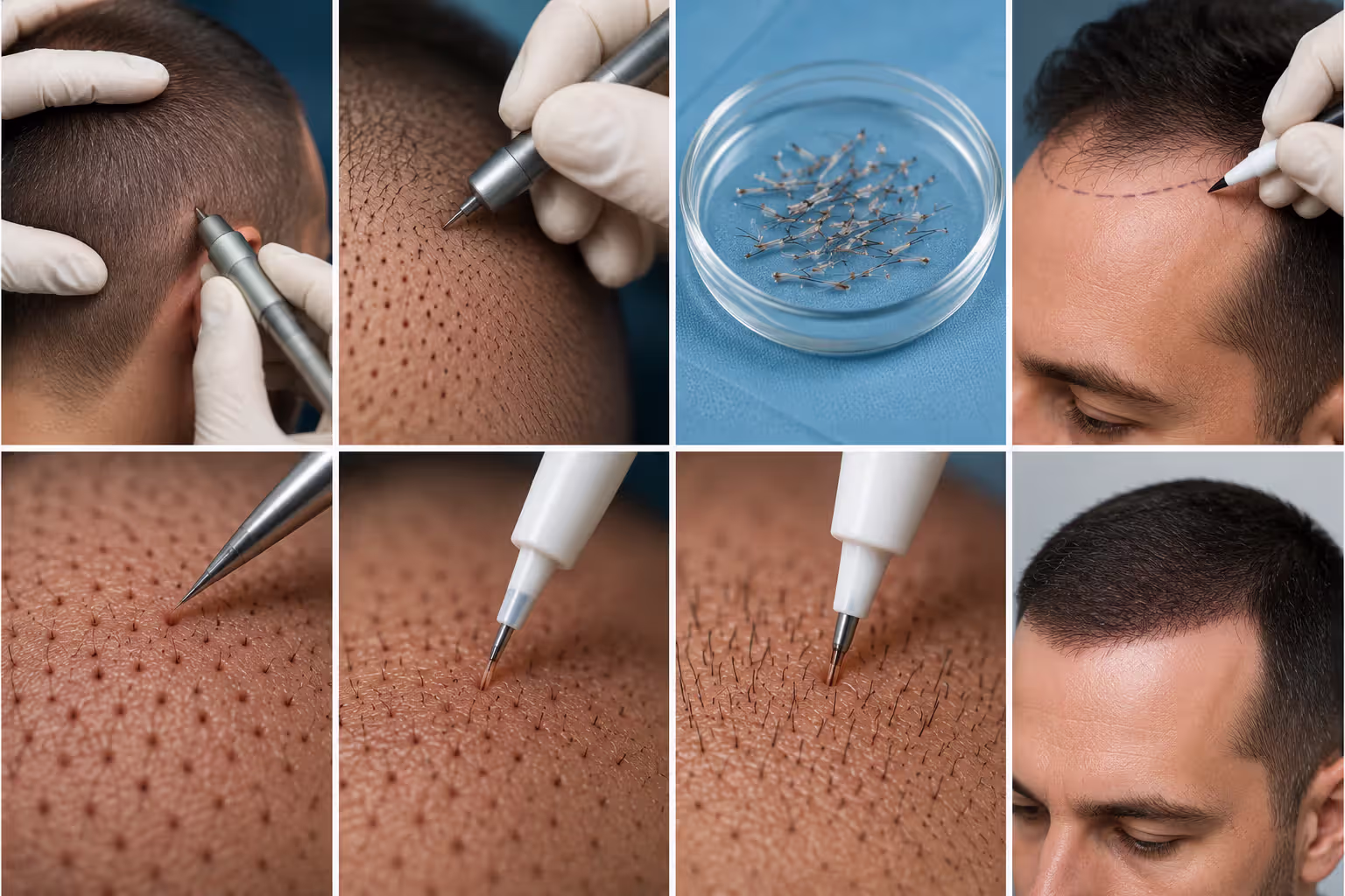 Hair graft implantation process during FUE hair transplant surgery