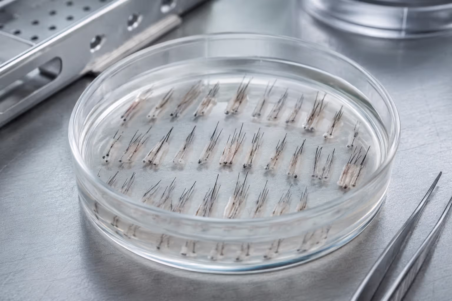Hair grafts being stored in preservation solution to maximize survival rate